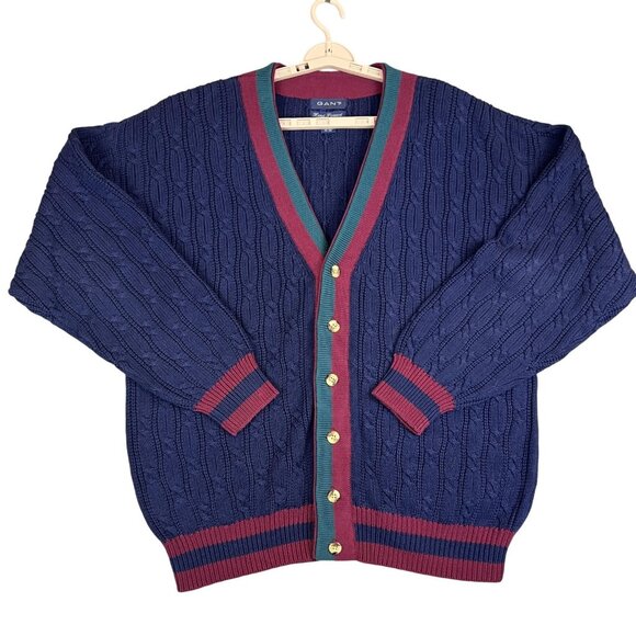 Gant Mens 2XL Sweater Navy Blue Cable Knit Cardigan Academia Preppy Cotton - Picture 1 of 9